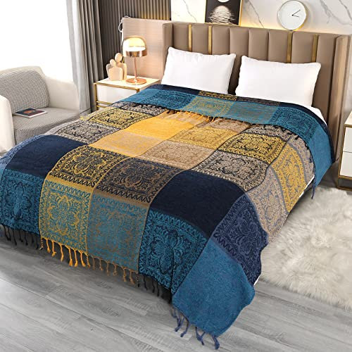 DECMAY Chenille Jacquard Boho Throw Blanket with Tassels, Throw for 2 3 4 Seater Sofa, Tartan Blankets and Throws for Bedspreads Armchairs Furniture Bed Throw (Blue Yellow, 150 x 190 cm)