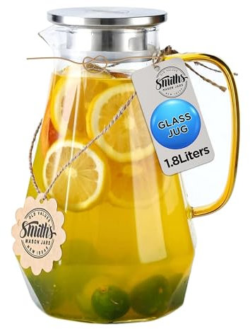 Caraffa calda e fredda da 1,8 l - design classico, filtro per frutta fresca con coperchio a 2 vie, brocca in vetro borosilicato leggero con manico, con etichetta regalo | Smith's Mason Jars