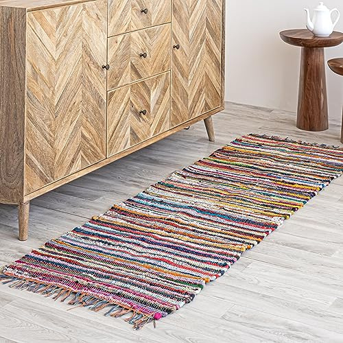 HOMEMONDE Chindi Runner Rug with Tassels 2'x6' Multicolor Recycled Cotton Hand Woven Reversible Boho Rugs for Kitchen, Bedroom, Living Room, Entryway