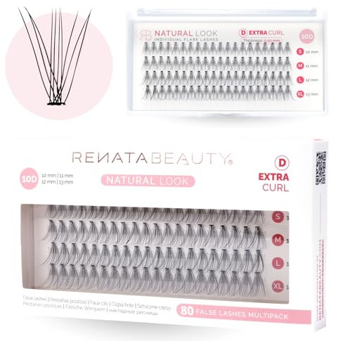Renata Beauty 10D NATURAL Look [D Curl] Ciglia Finte Ciuffetti – Confezione da 80 Ciglia Finte Ciuffetti 10-13mm – Kit Extension Ciglia Individual Naturali Fai Da Te – Banda Trasparente