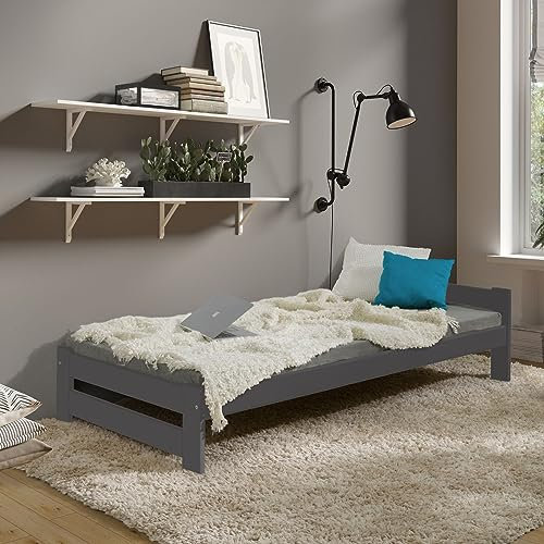 Coemo Massivholzbett Classico Bett 90x200 mit Lattenrost Futonbett Holzbett Holz Kiefer massiv Anthrazit Bettgestell Einzelbett auch als Kinder- und Jugendbett