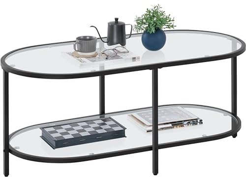 Yaheetech Glass Coffee Table, Black Oval Coffee Table for Living Room, Modern 2-Tier Center Table with Storage Shelf & Metal Frame for Small Space,Office