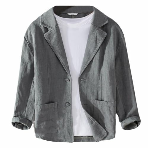 GIBZ Giacca da Uomo in Lino Primavera Estate Giacche da Abito Semplice Versatile e Ampia con Risvolto Dentellato Cappotto Blazer Sportivo a 2 Bottoni con Tasca Grigio M