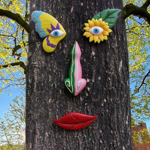 Haofy Visages d'arbre en Résine Papillon coloré Drôle, Décoration Extérieure, Art de Jardin et de Cour pour Un Espace de Vie animé