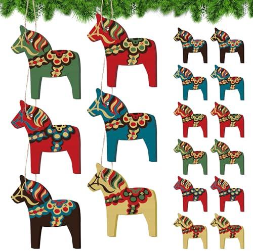 Vercraft 12 st svensk dalahäst julprydnader trä dala häst hängande hänge dekorativt dalekarlian hästfigur juldekorationer för hem julgran festgåva (vintage färg) | Dala-häst hängande hänge, dekorativ dalecarlian-figur, julgransprydnad för heminredning, festgåva