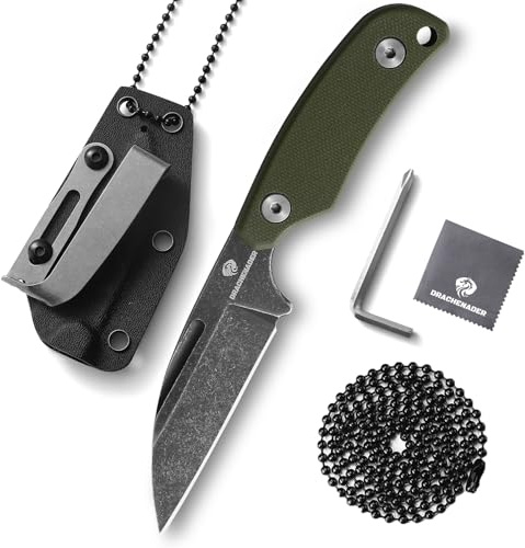 DRACHENADER Cuchillo de cuello, acero D2, hoja de 7,6 cm, mini cuchillo para exteriores con funda Kydex, cadena de bolas, clip para cinturón