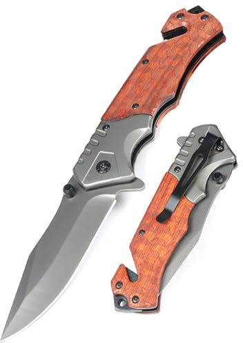 Taschenmesser Klappmesser Jagdmesser, Edelstahl Tragbares Outdoor Messer,Holzgriff Rutschfeste EDC Einhandmesser,Survival Messer mit Liner-Lock Taschenclip