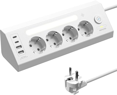 Ecke Steckdosenleiste,4 Fach Mehrfachsteckdose mit USB und 2 Type-C,90° Ecksteckdose Mehrfachstecker mit Schalter, Steckerleiste Überspannungsschutz,Wandmontage Verteilersteckdose mit LED,1.8M Kabel