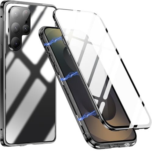 DoubCase For Samsung S25 Ultra Magnetic Case,Front and Back Tempered Glass Double-sided Case with Camera Protector,360 Full Cover Shockproof Bumper Metal Phone Case for Samsung Galaxy S25 Ultra,Black