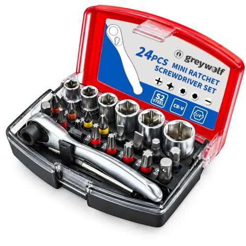 greywolf 24 Pcs Mini Ratchet Screwdriver Set, 72-Tooth Ratchet Wrench with Forward/Reverse Switching Design, (PH, PZ, Hex, T, S2 Bits) and Metric Sockets, Suitable for Tight Spaces and DIY Repairs