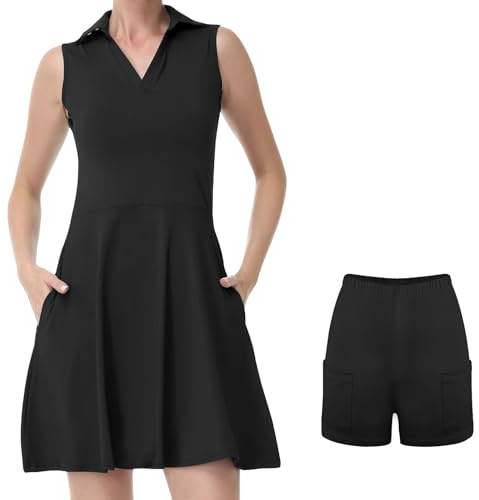 Bezioner tennisklänning dam med shorts A-linje sportklänning dam ärmlös golfklänning dam med 4 fickor tennisoutfit, svart, M