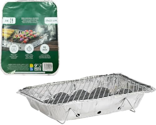 Barbacoa Desechable Portátil con Carbón + Cubiertos para 4 Personas Lista para Usar Ideal para Camping Picnic y Excursiones Ligera Ecológica y Compacta