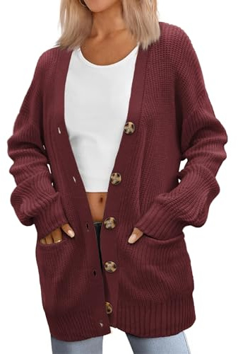 Zeagoo Gilet tricoté pour Femme Col en V Oversize Cardigan à Boutons Automne Hiver Décontracté Large Veste en Tricot Gros Grain Rouge XL
