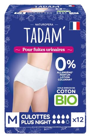 TADAM' - Culottes Fuites Urinaires - Protection Nuit - Jetable - Enrichi en Coton Bio - sans substances Toxiques - Taille M - Sachet de 12