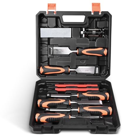 WildFun Set di 13 utensili per la lavorazione del legno, utensili per intagliare il legno, set di scalpelli per legno con mola, levigatrice e valigetta