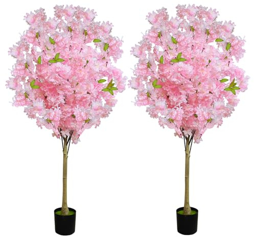 2 Pack Artificial Cherry Blossom Tree,4FT Faux Cherry Blossom Plant in Pot with Pink Flowers,Artificial Silk Plants for Indoor Outdoor Decor,Front,Living Room,Office,Patio