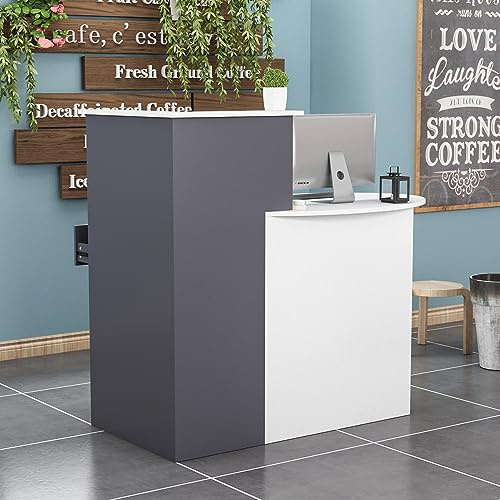 PREMTURE Banco di benvenuto, bancone reception, bancone di accoglienza con superficie di archiviazione aperta e 1 cassetto con serratura a chiave, motivo Patchwork, 40 x 121 x 110 cm, colore: Nero e