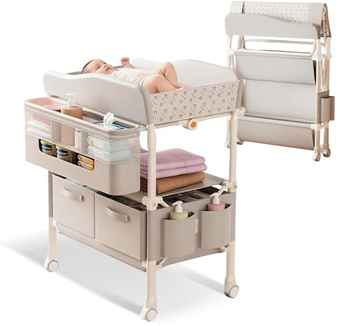 Fasciatoio Pieghevole, Portatile Fasciatoio Neonato con Cassettiera, Altezza Regolabile a 5 Livelli, Vaschetta, Ruote di Bloccabili, Capacità di carico 65 kg (Grigio)