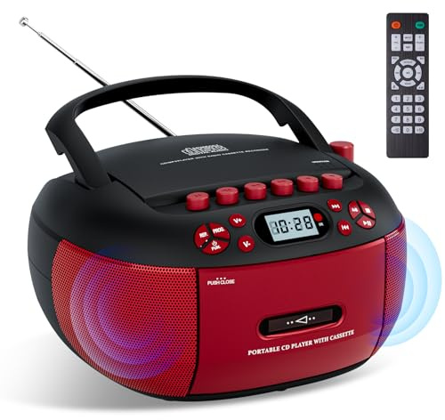 Portable CD Player and Cassette Player with Remote Control, FM Radio, USB Playback, Bluetooth Speaker, Recording Function, Battery/AC Powered for Elderly