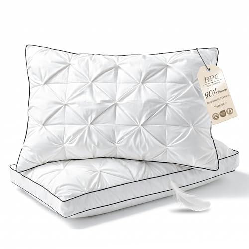 BPC Almohada de plumón 50x75 cm Pack de 2, Almohada 3 Cámaras con 90% Plumón Exterior y Relleno Que Contiene Plumas, Suave con Buen Soporte, Funda 100% algodón orgánico, Lavable