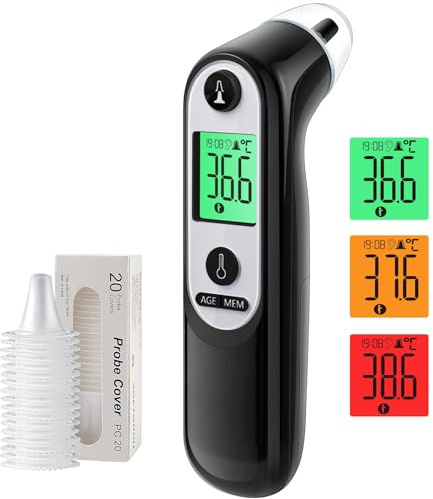 Digitales Infrarot-Ohrthermometer für Babys, Erwachsene & Senioren – Präzise Alterserkennung, farbcodiertes Display, 21x Hygienekappen, 1-Sekunden-Messung & Fieberalarm (Schwarzer)