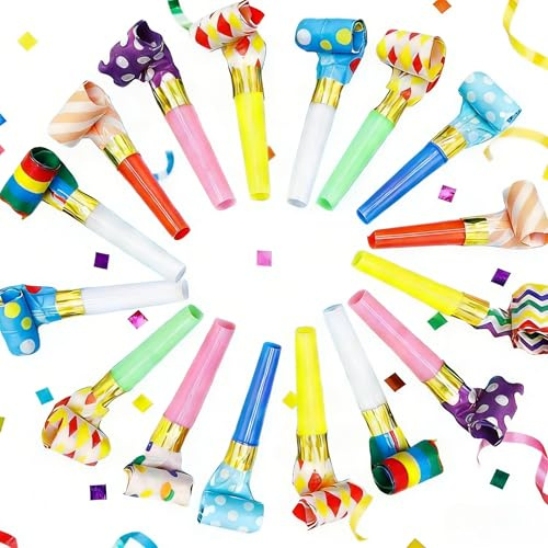 Satiskid 20 Pcs Party Blowers, Candy Colour Rainbow Party Poppers & Noisemakers, Colourful Whistles for Birthday Wedding Sports Events New Year Favors and Celebrations