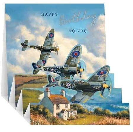 Noel Tatt 3D Pop Up Birthday Card for Men - Spitfire Planes over Countryside - Embossed Foil Finish - Premium Greeting Card with Envelope