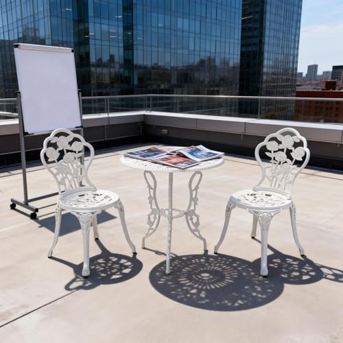 Woonisher Ensemble Bistro 3 pièces en Fonte d'aluminium Blanche à Motif Floral, idéal pour Les Petits balcons, Style Romantique, Parfait pour décorer terrasse et Jardin.