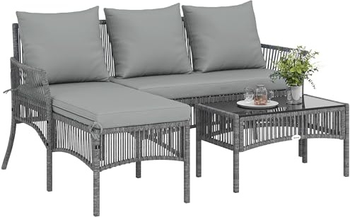 Outsunny 4 Seater Rattan Garden Furniture Set 3 Piece Corner Sofa Dark Grey