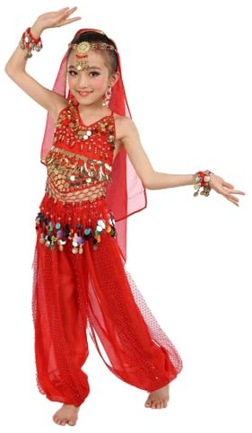 Disfraz de Danza del Vientre Indiapara Niña Conjunto 2 Piezas con Camiseta y Pantalón Harem con Lentejuelas Vestido de Baile Hindú Ligero y Cómodo para Espectáculos Escolares y Actuaciones 3-10 Año