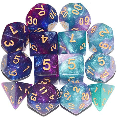 DND Dice 2 X 7Sets, 14Pieces Glitter Sparkle Cosmic Mixed Polyhedral DND Dice for RPG MTG Table Game Dice