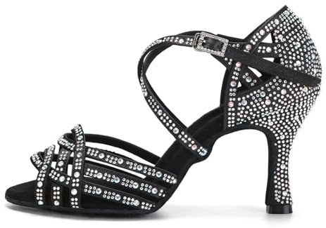 AOQUNFS Donna Scarpe da Ballo Latino Americano Strass con Tacco Salsa Bachata Tango Feste Performance Scarpe Ballo da Sala,L357-Nero-7.5,EU40