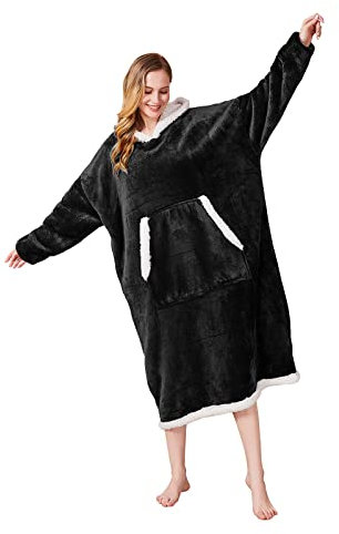 Decke Sweatshirt,übergroße tragbar Decke, super weiche, warme, Geeignet Kapuzenpullove Decke, riesen Fronttasche für Erwachsene, Männer, Frauen, Teenager, Freunde, Schwarz