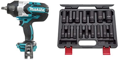 Makita DTW1002Z Clé à chocs sans balai, 1 000 N m, couleur bleue & US PRO B1340 Jeu de 16 douilles à choc 1/2 de 10 à 32 mm