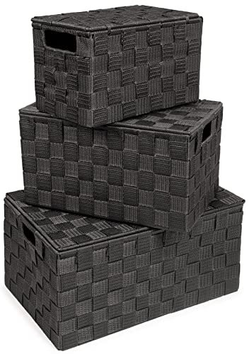 EHC Storage Boxes With Lid Set of 3, Storage baskets for shelves Woven, Storage Organiser Hamper Baskets, Black