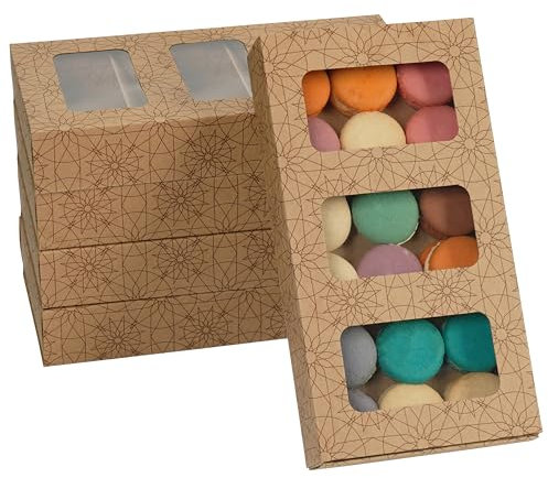 Belle Vous 5-er Pack Gemusterte Braune Kraftpapier Cupcake Transportbox Karton mit Sichtfenster - 13 x 25,3 x 4 cm - Für Geburtstage, Geschenke, Kekse, Muffin, Pralinen Verpackung & Cupcake Box