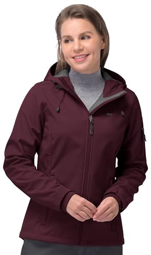 33,000ft Women's Waterproof Jacket, Ladies Lightweight Hooded Softshell Jacket Windproof Fleece Rain Jacket for Outdoor Hiking Wine Red XL