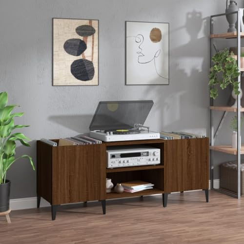 ARKEM Armoire à disques chêne Marron 121x38x48 cm Bois d'ingénierie,Table Tournante en Bois,Porte Vinyle Mural,Player Boite