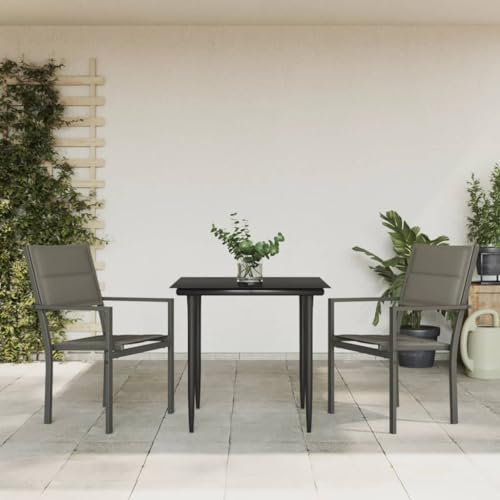Homgoday Gartenmöbel-Set, 3-teilig, Stahl und Textilene, Schwarz, Stuhl, Sessel, Tisch, Küche, Outdoor, Terrasse, Balkon, Möbel, Typ 2