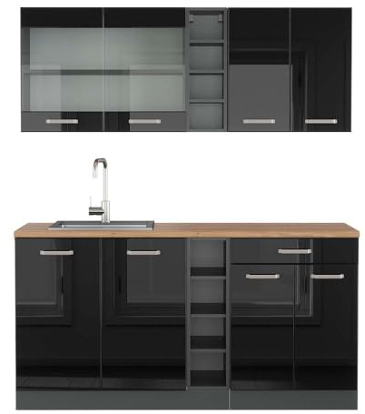 Vicco Singleküche R-Line, Schwarz Hochglanz/Anthrazit, 160 cm, AP Eiche, zur individuellen Erweiterung mit zusätzlichen Modulen geeignet