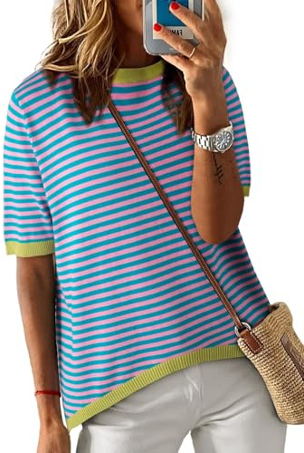 Cuptacc Tee Shirt Femme Rayure Coton Top Femme Chic et Élégant Col Rond été Manche Courte Blouse
