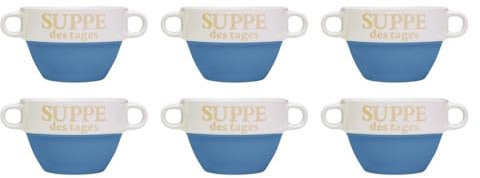 Riya Lot de 6 bols à soupe en céramique bleu Ø 13 cm avec anse – Bol à soupe de qualité supérieure, résistant à la chaleur et léger – Parfait pour la soupe, les ragoûts et les boissons chaudes –
