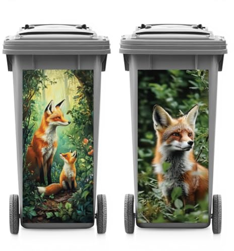 ANATTASOUL 2 Sheets Animal Wheelie Bin Stickers Decorative Fox Forest Waterproof Dustbin Covers Decor, 14.9x 32.2 Adhesive Large Funny Decal for Bins, Fridge, Wall, Garden Outdoor, Indoor Decoration