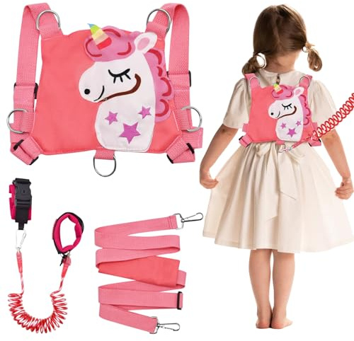 YTACREA Guinzaglio per Bambini 3 in 1, Unicorno Braccialetto Bambini Antismarrimento con Serratura a Chiave, Portatile Che Cammina Anti-Perso Harness per Bambini di Età 1-6 Anni