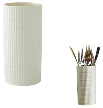 Eruceky Cesta para Cubiertos Redonda, Soporte Utensilios Cocina de Cerámica, para Encimera Cocina, Superficie Acristalada Brillante, Blanco