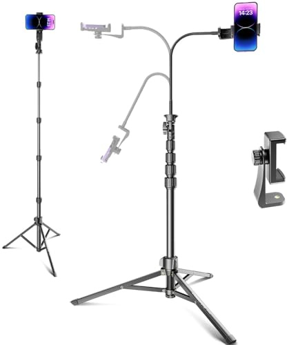 CAMBOFOTO Soporte de trípode para teléfono de 80 pulgadas con cuello de cisne y soporte para teléfono, palo selfie y trípode superior para grabación/cocina/fitness/vlog, compatible con iPhone, Android