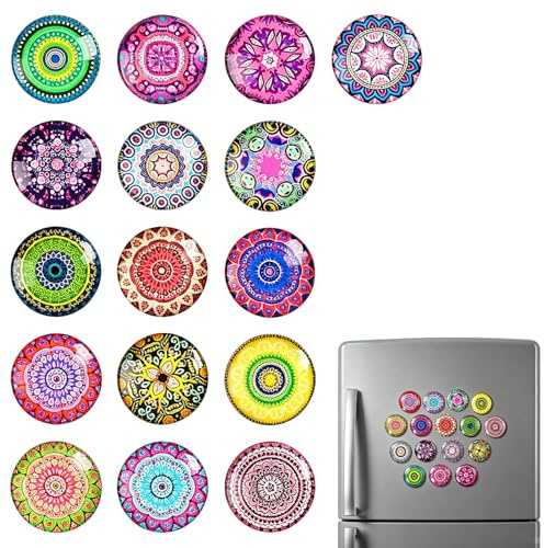 Set de 16 Imanes Decorativos de Nevera con Patrones Caleidoscopio, Imanes Redondos de Cristal para Frigorífico, Pizarra Blanca y Oficina, Lindos Imanes Decorativos para Hogar y Escuela, 30 mm