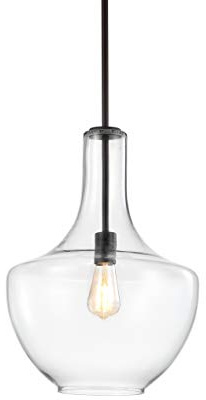 JONATHAN Y 13.25 Oil Rubbed Bronze/Clear Mid-Century Modern 1-Light LED Pendant Light Fixture, Adjustable Schoolhouse Hanging Lamp for Kitchen Island, Clear Glass Shade, LED Bulb Included (JYL6401B)