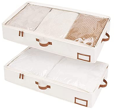 StorageWorks Underbed Storage Boxes with Lids, Large Under Bed Storage Box Containers for Bedroom Accessories Organising Clothes Bedding, Rigid Under Bed Organisers Ultra Thick, Ivory White, 2-Pack