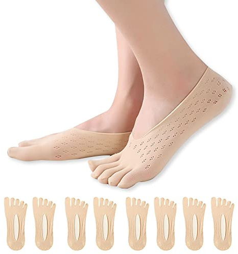 Feliciay 4 Paires de Chaussettes Invisibles à Cinq Doigts Respirantes pour Femmes - Doublure Basse Antidérapantes (Couleur de la Peau)